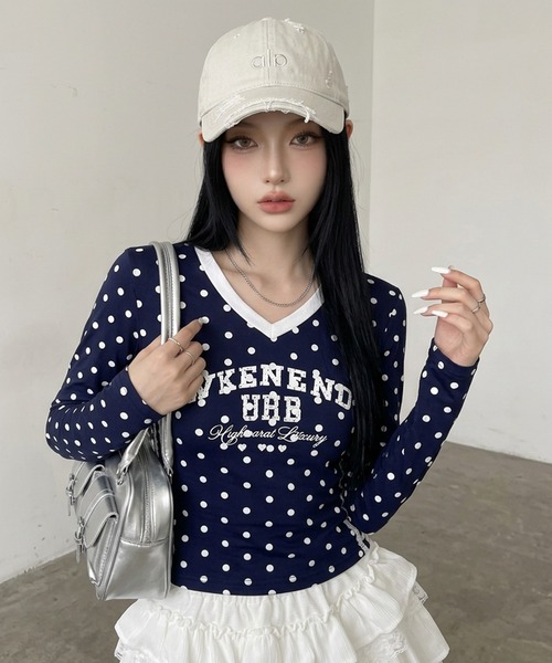 non-hedge(ノンヘッジ)の「ドット柄レースラインロンT(Tシャツ/カットソー・レディース・オフホワイト/ブラウン/ネイビー/ワインレッド/グレー・FREE)」の18枚目の写真