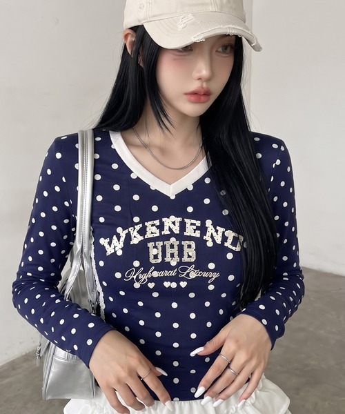 non-hedge(ノンヘッジ)の「ドット柄レースラインロンT(Tシャツ/カットソー・レディース・オフホワイト/ブラウン/ネイビー/ワインレッド/グレー・FREE)」の19枚目の写真