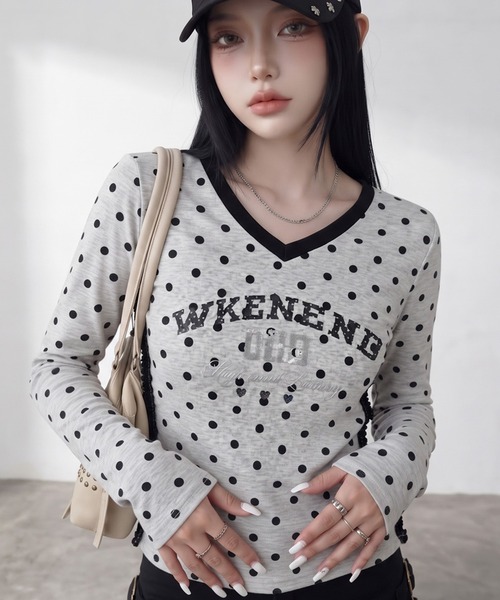 non-hedge(ノンヘッジ)の「ドット柄レースラインロンT(Tシャツ/カットソー・レディース・オフホワイト/ブラウン/ネイビー/ワインレッド/グレー・FREE)」の22枚目の写真