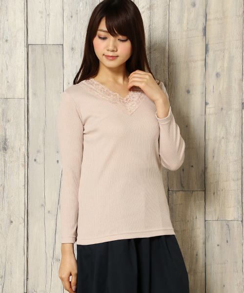 ikka(イッカ)の「レースVネックリブTee(Tシャツ/カットソー・レディース・ネイビー/グレー/オフホワイト/ピンク・SMALL/LARGE/MEDIUM)」の4枚目の写真