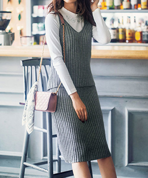 GeeRA（ジーラ）の「リブニットビスチェ＆スカート３点セット（スカート・レディース・ブラック/ブラウン/グレー・S/LL/L/M）」の2枚目の写真