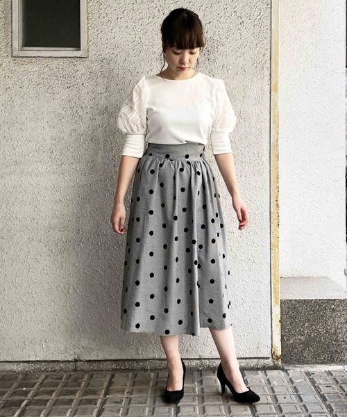 セール】ドットフロッキーハイウエストフレアスカート（スカート