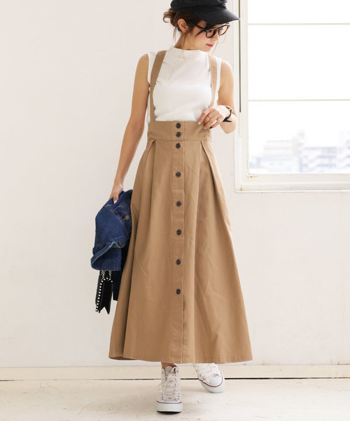 andme（アンドミー）の「綿ツイルマキシ丈フレアスカート ジャンパースカート（スカート・レディース・ベージュ/ネイビー/カーキ・M/L）」の2枚目の写真