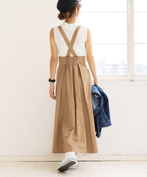 andme（アンドミー）の「綿ツイルマキシ丈フレアスカート ジャンパースカート（スカート・レディース・ベージュ/ネイビー/カーキ・M/L）」の5枚目の写真