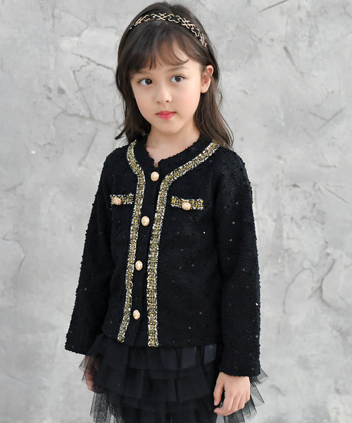 Bee des Bee（ビーデスビー）の「ツイードジャケット風　 ジャケット（ノーカラージャケット・キッズ・ブラック/アイボリー/ライトピンク・100cm/110cm/120cm/130cm/140cm/150cm）」の2枚目の写真