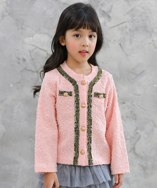 Bee des Bee（ビーデスビー）の「ツイードジャケット風　 ジャケット（ノーカラージャケット・キッズ・ブラック/アイボリー/ライトピンク・100cm/110cm/120cm/130cm/140cm/150cm）」の3枚目の写真