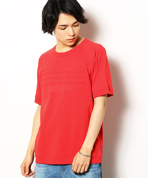 Purple&Yellow(パープルアンドイエロー)の「メッセージロゴ ラグランスリーブ Tシャツ(Tシャツ/カットソー・メンズ・ブラック/レッド/ブルー/アイボリー・SMALL/MEDIUM/LARGE/X-LARGE/X-SMALL)」の1枚目の写真
