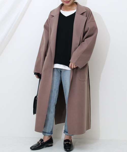 Social GIRL(ソーシャルガール)の「ニットオーバーサイズロングガウンコート(チェスターコート・レディース・ブラック/サックスブルー/アイボリー/モカ/ピンクベージュ/グレイッシュベージュ/スモークピンク/ミント/ブルーパープル/ライトグレー/チャコールグレー・M/S/L)」の11枚目の写真