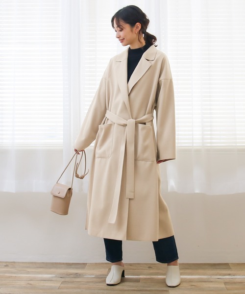 Social GIRL(ソーシャルガール)の「ニットオーバーサイズロングガウンコート(チェスターコート・レディース・ブラック/サックスブルー/アイボリー/モカ/ピンクベージュ/グレイッシュベージュ/スモークピンク/ミント/ブルーパープル/ライトグレー/チャコールグレー・M/S/L)」の13枚目の写真