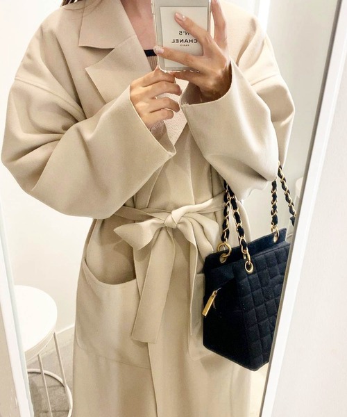 Social GIRL(ソーシャルガール)の「ニットオーバーサイズロングガウンコート(チェスターコート・レディース・ブラック/サックスブルー/アイボリー/モカ/ピンクベージュ/グレイッシュベージュ/スモークピンク/ミント/ブルーパープル/ライトグレー/チャコールグレー・M/S/L)」の21枚目の写真