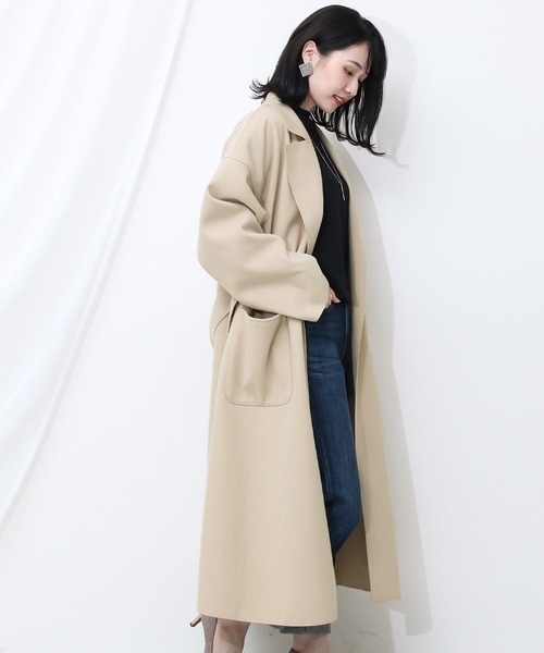 Social GIRL(ソーシャルガール)の「ニットオーバーサイズロングガウンコート(チェスターコート・レディース・ブラック/サックスブルー/アイボリー/モカ/ピンクベージュ/グレイッシュベージュ/スモークピンク/ミント/ブルーパープル/ライトグレー/チャコールグレー・M/S/L)」の16枚目の写真