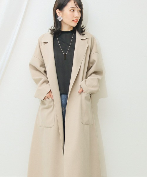 Social GIRL(ソーシャルガール)の「ニットオーバーサイズロングガウンコート(チェスターコート・レディース・ブラック/サックスブルー/アイボリー/モカ/ピンクベージュ/グレイッシュベージュ/スモークピンク/ミント/ブルーパープル/ライトグレー/チャコールグレー・M/S/L)」の14枚目の写真