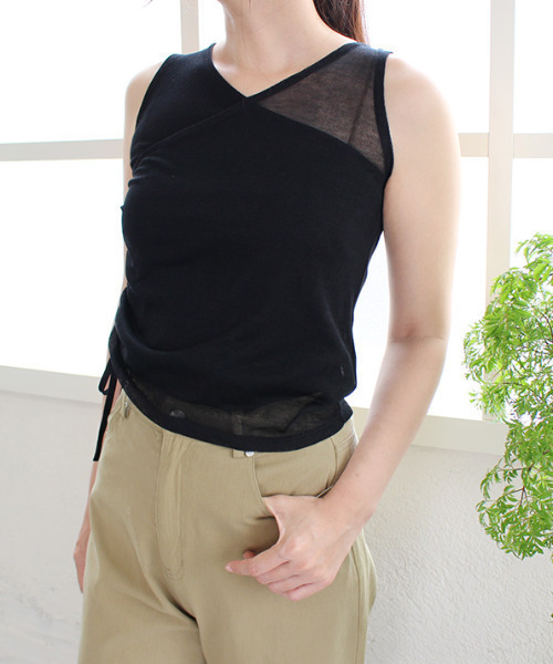 MODE ROBE（モードローブ）の「カットリブ×シアーニットワンショルセット（Tシャツ/カットソー・レディース・ブラック/ベージュ・FREE）」の8枚目の写真