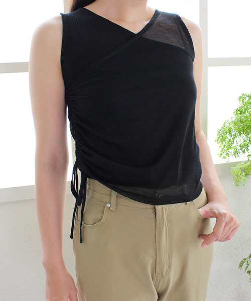 MODE ROBE（モードローブ）の「カットリブ×シアーニットワンショルセット（Tシャツ/カットソー・レディース・ブラック/ベージュ・FREE）」の12枚目の写真