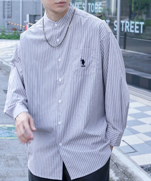 U.S. POLO ASSN.(ユーエスポロアッスン)の「U.S. POLO ASSN. /ユーエスポロアッスン 別注 ワンポイント刺繍ロゴ オーバーサイズ L/S バンドカラーブロード/デニム シャツ(シャツ/ブラウス・メンズ・ホワイト/ブラック/ネイビー/インディゴブルー/ブルー/ブルー系その他/ストライプ/グレイッシュベージュ/グレー/グリーン系・S/M/L)」の13枚目の写真