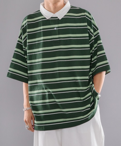 kutir（クティール）の「ボーダーラガーシャツ（ポロシャツ・メンズ・オフホワイト/ボルドー/グリーン・MEDIUM/LARGE）」の2枚目の写真