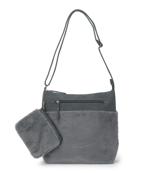 SHOO・LA・RUE(シューラルー)の「◆【ポーチ付】Wフェイスフェイクファーショルダー(ショルダーバッグ・レディース・チャコールグレー/カーキ/ダークブラウン/ナチュラル/オレンジ/ピンク系/ライトグリーン系・00)」の1枚目の写真