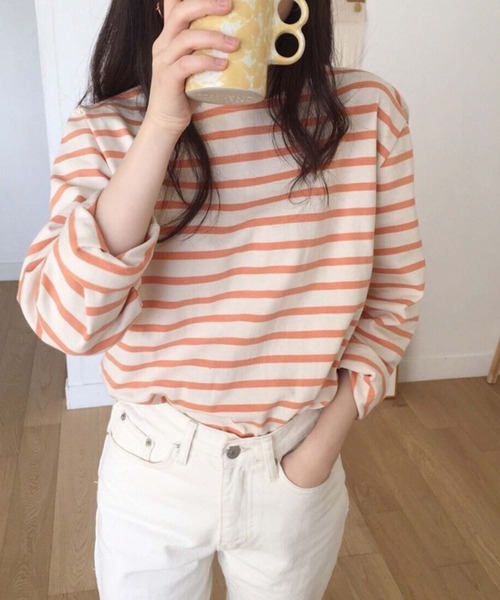 Girly Doll(ガーリードール)の「カラーボーダーカットソー(Tシャツ/カットソー・レディース・ライトブルー/ピンク/オレンジ/ダークブルー・F)」の4枚目の写真