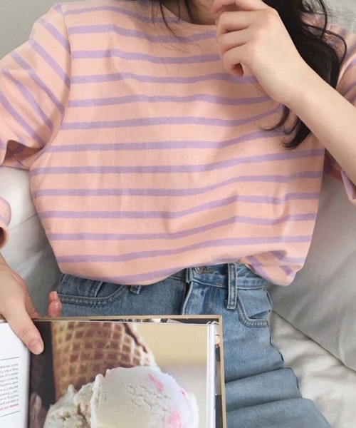 Girly Doll(ガーリードール)の「カラーボーダーカットソー(Tシャツ/カットソー・レディース・ライトブルー/ピンク/オレンジ/ダークブルー・F)」の12枚目の写真