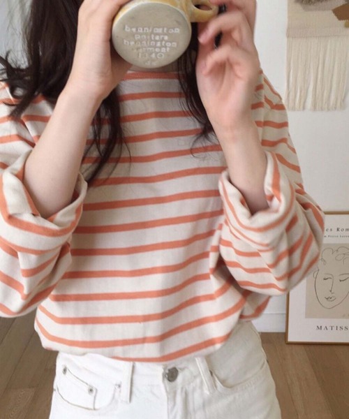 Girly Doll(ガーリードール)の「カラーボーダーカットソー(Tシャツ/カットソー・レディース・ライトブルー/ピンク/オレンジ/ダークブルー・F)」の6枚目の写真