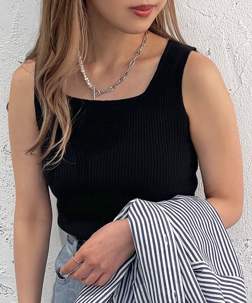 apres jour mignon(アプレジュールミニョン)の「ニットスクエアネックタンク【ZOZOTOWN限定アイテム】(タンクトップ・レディース・ブルー系その他/ピンク/ホワイト/ブラック・X-LARGE/フリー)」の16枚目の写真