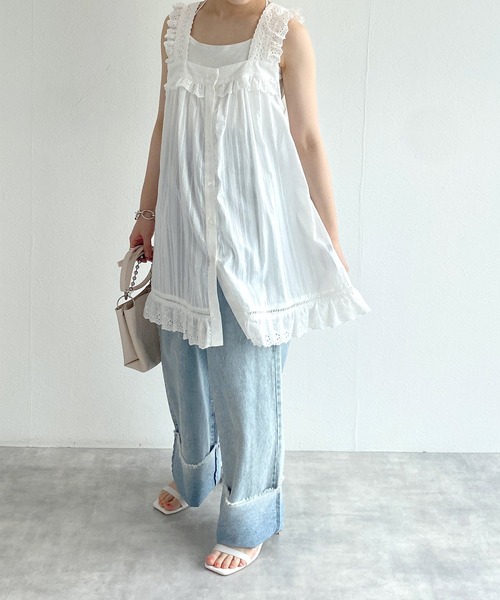 w closet（ダブルクローゼット）の「フリルレースタンクチュニック（チュニック・レディース・ブラック/オフホワイト・FREE）」の12枚目の写真