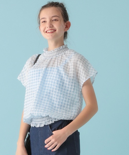 GLOBAL WORK(グローバルワーク)の「シアーギンガムブラウス/AND YUA ANY/281236(シャツ/ブラウス・キッズ・ブラック/オフホワイト/ライトブルー・150cm/160cm)」の1枚目の写真