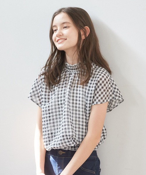 GLOBAL WORK(グローバルワーク)の「シアーギンガムブラウス/AND YUA ANY/281236(シャツ/ブラウス・キッズ・ブラック/オフホワイト/ライトブルー・150cm/160cm)」の3枚目の写真