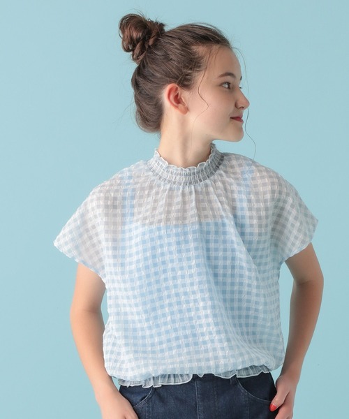 GLOBAL WORK(グローバルワーク)の「シアーギンガムブラウス/AND YUA ANY/281236(シャツ/ブラウス・キッズ・ブラック/オフホワイト/ライトブルー・150cm/160cm)」の4枚目の写真