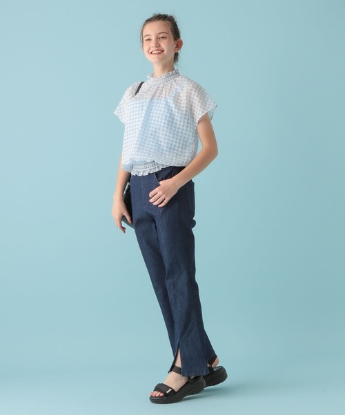 GLOBAL WORK(グローバルワーク)の「シアーギンガムブラウス/AND YUA ANY/281236(シャツ/ブラウス・キッズ・ブラック/オフホワイト/ライトブルー・150cm/160cm)」の7枚目の写真