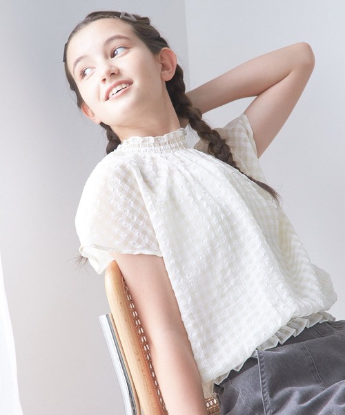 GLOBAL WORK(グローバルワーク)の「シアーギンガムブラウス/AND YUA ANY/281236(シャツ/ブラウス・キッズ・ブラック/オフホワイト/ライトブルー・150cm/160cm)」の18枚目の写真