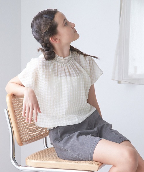 GLOBAL WORK(グローバルワーク)の「シアーギンガムブラウス/AND YUA ANY/281236(シャツ/ブラウス・キッズ・ブラック/オフホワイト/ライトブルー・150cm/160cm)」の16枚目の写真