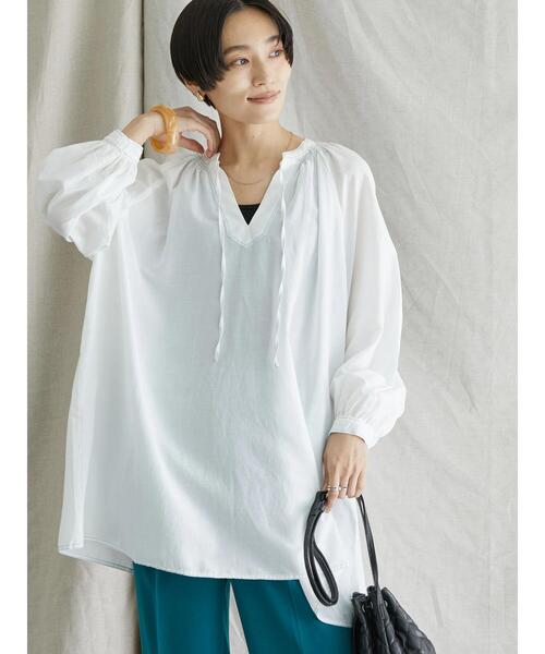 AMERICAN HOLIC（アメリカンホリック）の「配色ステッチスキッパーシャツチュニック（シャツ/ブラウス・レディース・ブラック/オフホワイト/サックスブルー・M/L）」の6枚目の写真