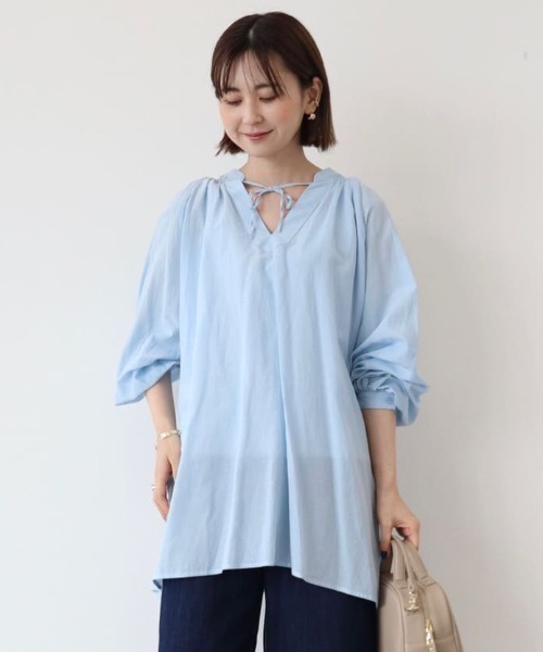 AMERICAN HOLIC（アメリカンホリック）の「配色ステッチスキッパーシャツチュニック（シャツ/ブラウス・レディース・ブラック/オフホワイト/サックスブルー・M/L）」の3枚目の写真