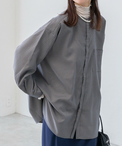 BONLECILL（ボンルシール）の「柄アソートギボシ釦バンドカラーシャツ（シャツ/ブラウス・レディース・ブルー/ブラック/ネイビー/ブラウン/ベージュ/ライトグリーン/ワイン/オフホワイト・FREE）」の7枚目の写真