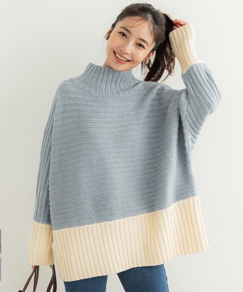 coca(coca)(コカ)の「ウールライクバイカラーニット(ニット/セーター・レディース・ベージュ/ブルー・M/L)」の2枚目の写真