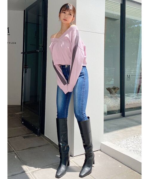 GYDA（ジェイダ）の「スリーブライン Vネックショートニットトップス（ニット/セーター・レディース・ブラック/グレー/オフホワイト/ピンク・FREE）」の7枚目の写真