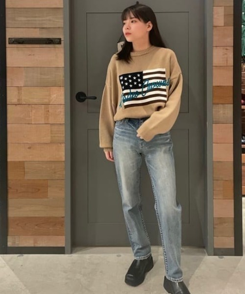 RODEO CROWNS WIDE BOWL（ロデオクラウンズワイドボウル）の「USフラッグロゴニットトップス（ニット/セーター・レディース・ブラック/ブルー/オフホワイト/ベージュ・FREE）」の11枚目の写真