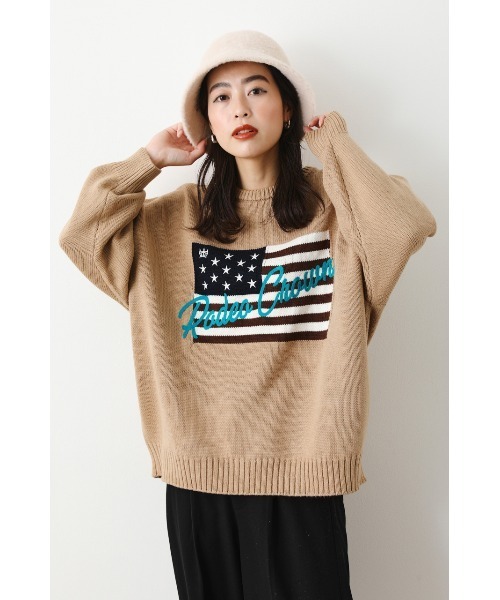 RODEO CROWNS WIDE BOWL（ロデオクラウンズワイドボウル）の「USフラッグロゴニットトップス（ニット/セーター・レディース・ブラック/ブルー/オフホワイト/ベージュ・FREE）」の6枚目の写真