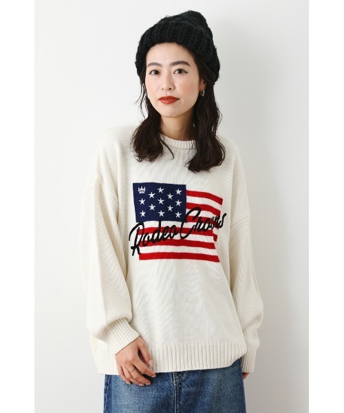 RODEO CROWNS WIDE BOWL（ロデオクラウンズワイドボウル）の「USフラッグロゴニットトップス（ニット/セーター・レディース・ブラック/ブルー/オフホワイト/ベージュ・FREE）」の8枚目の写真