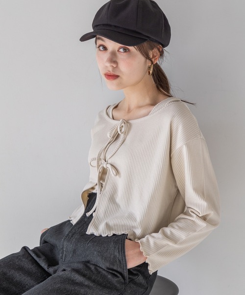 mysty woman（ミスティウーマン）の「【手洗い可】マルチツインLSリボンカーディガン　184575（カーディガン/ボレロ・レディース・モカ/イエロー/アイボリー/ライトブルー・FREE）」の2枚目の写真