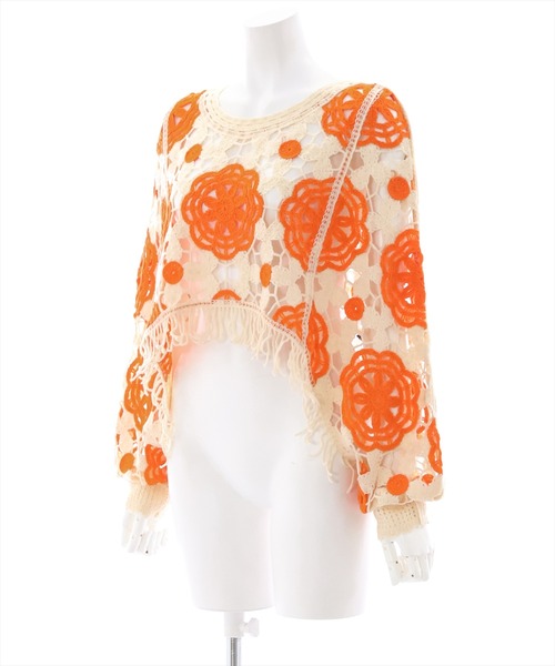 clear（クリア）の「配色クロシェ編みニットトップス（ニット/セーター・レディース・ブラック/オレンジ/グリーン・F）」の4枚目の写真