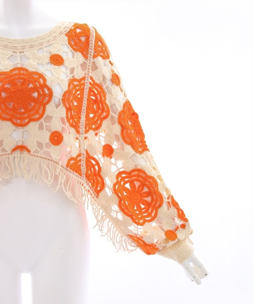 clear（クリア）の「配色クロシェ編みニットトップス（ニット/セーター・レディース・ブラック/オレンジ/グリーン・F）」の9枚目の写真