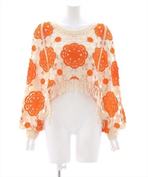 clear（クリア）の「配色クロシェ編みニットトップス（ニット/セーター・レディース・ブラック/オレンジ/グリーン・F）」の11枚目の写真