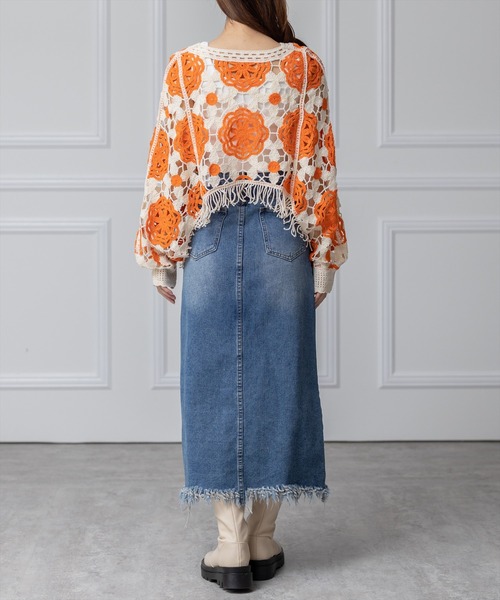 clear（クリア）の「配色クロシェ編みニットトップス（ニット/セーター・レディース・ブラック/オレンジ/グリーン・F）」の20枚目の写真