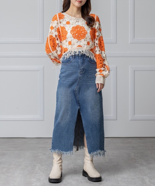 clear（クリア）の「配色クロシェ編みニットトップス（ニット/セーター・レディース・ブラック/オレンジ/グリーン・F）」の22枚目の写真