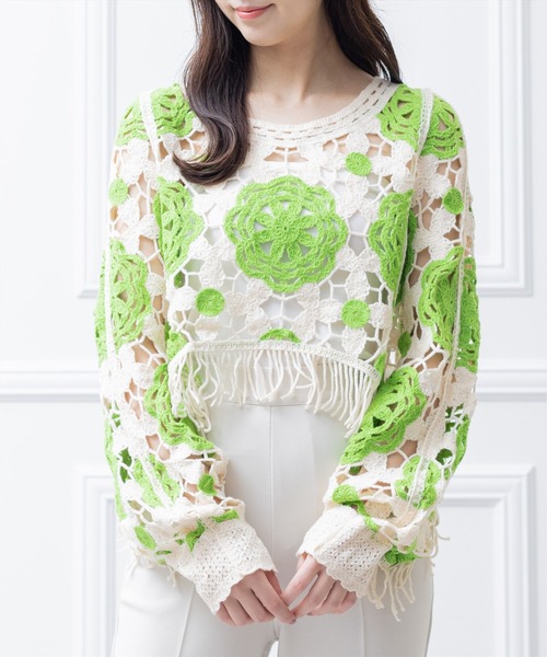 clear（クリア）の「配色クロシェ編みニットトップス（ニット/セーター・レディース・ブラック/オレンジ/グリーン・F）」の15枚目の写真