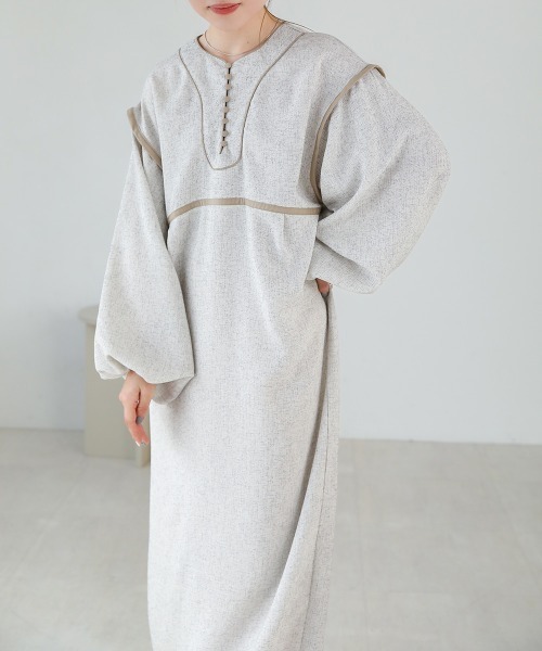 セール】【低身長向けサイズあり】配色パイピングツイードワンピース