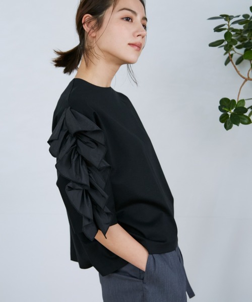 Luftrobe（ルフトローブ）の「スーピマコットン ラッフルスリーブカットソー（Tシャツ/カットソー・レディース・ブラック/オフホワイト・9号）」の6枚目の写真