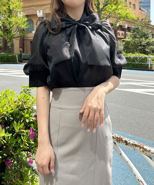 リボン付き　ブラック シアー素材　オーガンジー ブラウス NOMAE（ノーマエ）の「オーガンジーリボンシアーブラウス